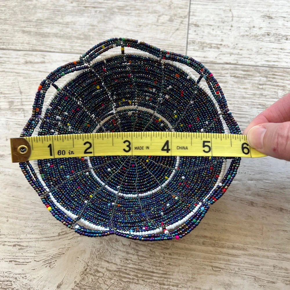 Handcrafted Wire and Seed Bead Bowl Multicolored Beaded Trinket 6” Dish